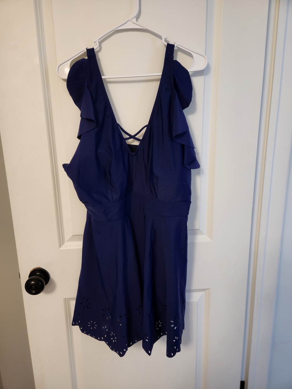 Ruffle Sleeve Navy Swim Dress (One Piece) With Floral Cutouts